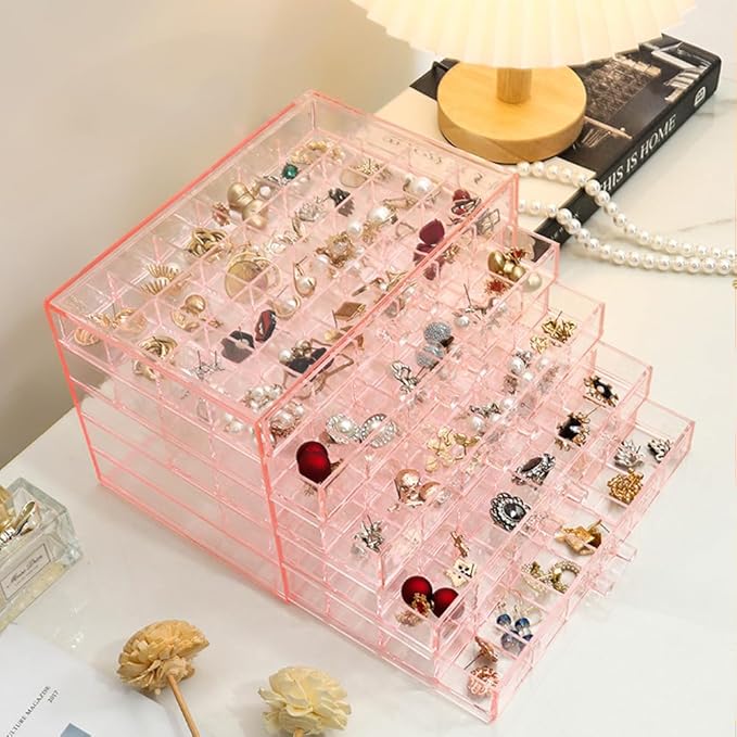 YUFONG Earring Storage Box Organizer, Acrylic Jewelry Storage Box Holder 5 Drawers Transparent Jewelry Display Stand with 120