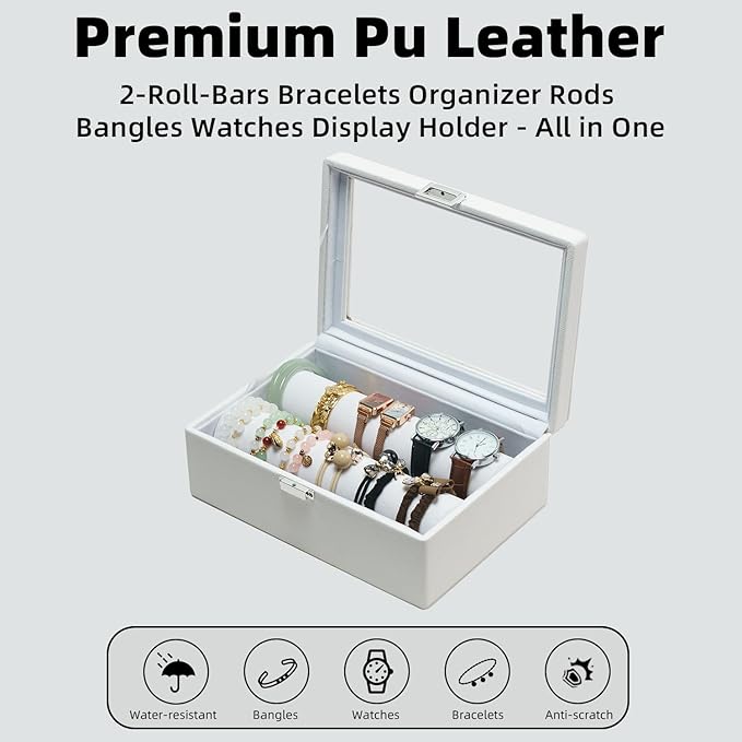 Bracelets Organizer Rods Bangles Display Holder, Clear See through Lid Leather Velvet Jewelry Storage Box Case for Women, 2 R