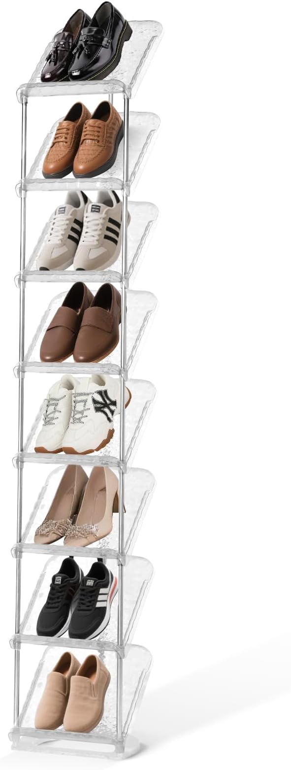 SMILHELTD Vertical Shoe Rack 8 Tiers Narrow Clear Sneaker Storage Holder Luxurious Slim Tall Organizer Space Saving Shelf for