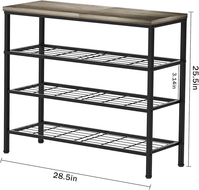 4-Tier Metal Shoe Rack with Wood Top - Durable & Space-Saving Shoe Organizer,Industrial Shoe Organizer Shelf Bench Storagefor