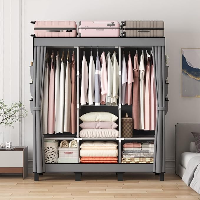 Portable Closet, 51.18" Large Capacity Clothing Storage Organizer with 3 Hanging Rods 6 Shelves 18 Side Pockets, Dustproof St