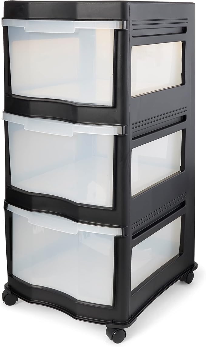 Life Story Classic 3 Tier Shelf Standing Plastic Storage Drawers and Organizer with Wheels for Home, Dorm, or Office Use, Bla