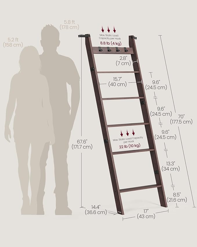 VASAGLE Blanket Ladder Shelf, 6-Tier Ladder Rack for Storage and Decor with 4 Removable Hooks, Decorative Farmhouse for The L
