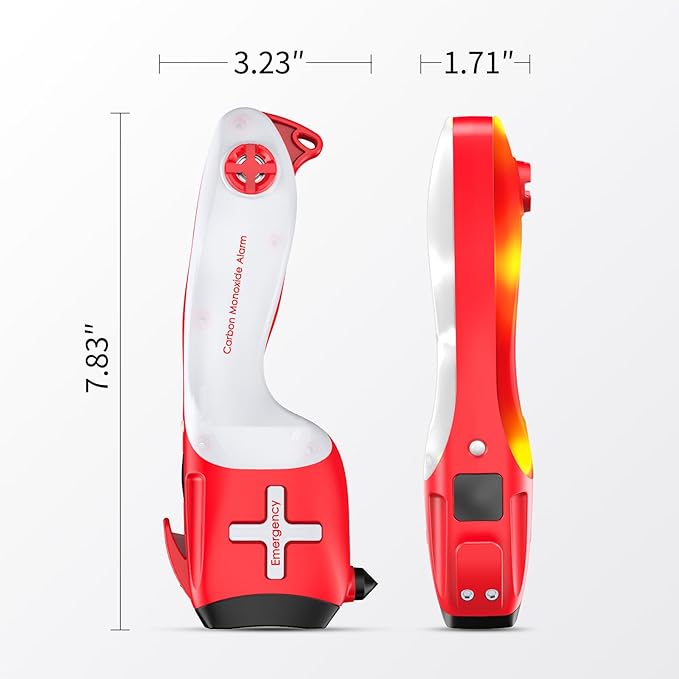 6-in-1 Multifunctional Emergency Tool, Flashlight with CO Detector, Window Breaker, Seat Belt Cutter, Red/White LED Warning L