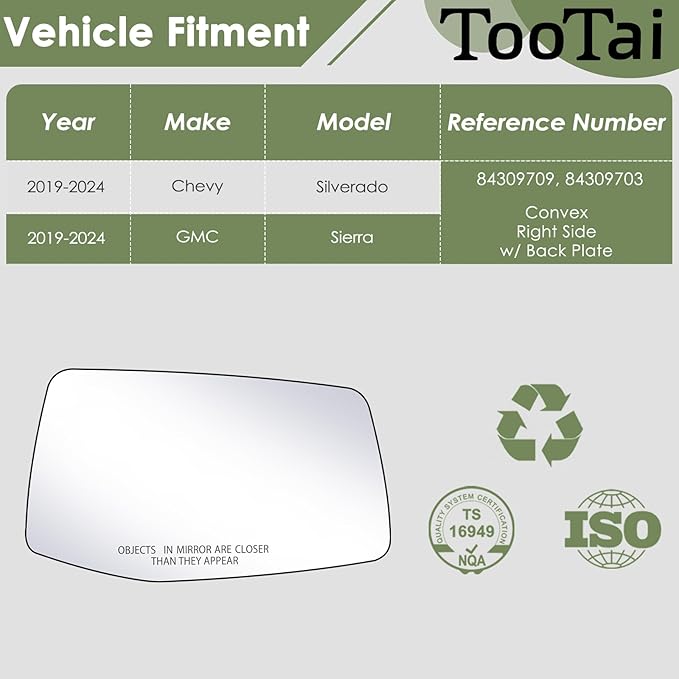 Passenger Side Replacement Mirror Glass - compatible with Chevy & GMC vehicles - Silverado 2019-2024, Sierra 2019-2024 -Heated with backing plate, no blind spot detection, w/o auto dimming
