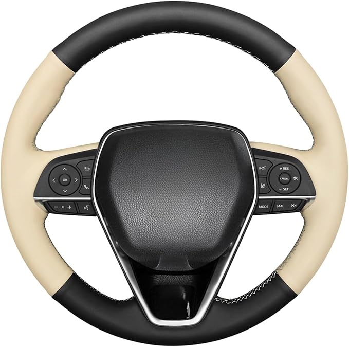 MEWANT Breathable Beige + Black Genuine Leather DIY Car Steering Wheel Cover for Toyota Camry 2018-2019 / Toyota Avalon 2019 / Toyota Corolla 2019-2020 / Toyota RAV4 2019