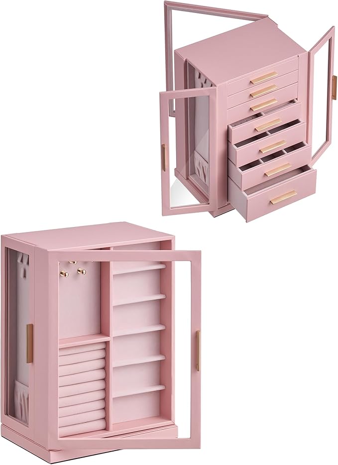 Glimmloop 360° Rotating Jewelry Box with 7 Drawers, Spacious Vertical Jewelry Organizer with Glass Window, Jewelry Storage Ca