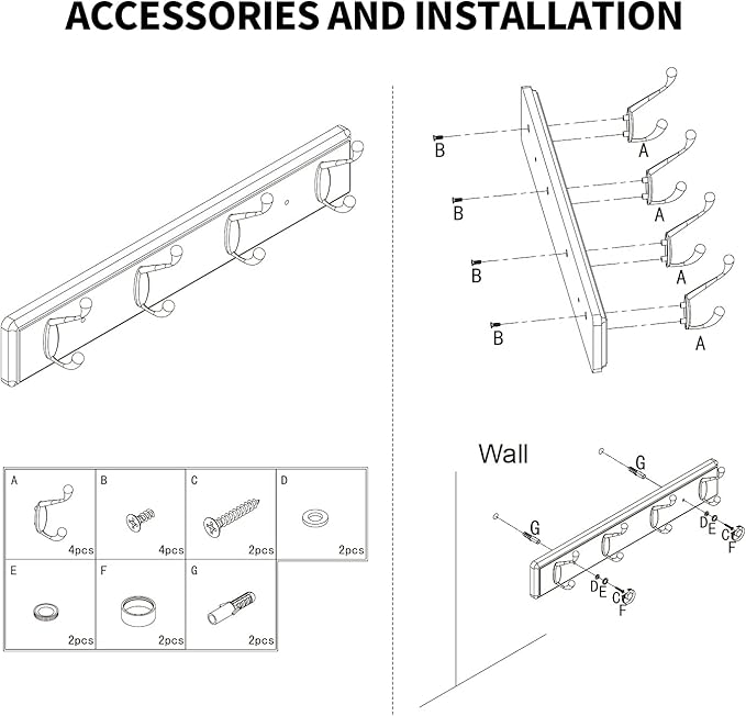 Badiano Wooden Coat Rack, Wall-Mounted Organizer for Closet, Entryway, Hallway, Foyer, Bedroom, Heavy Duty Double Hooks for H