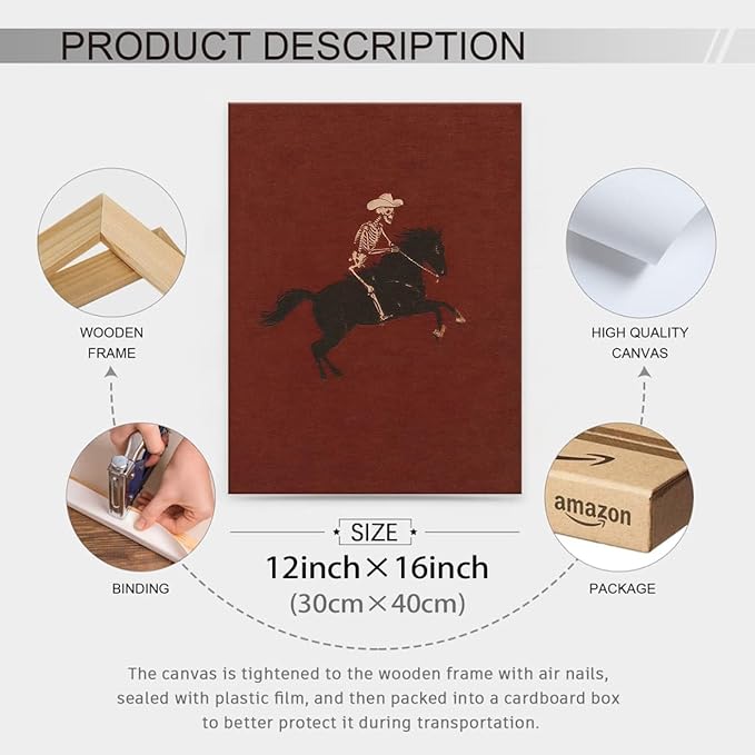 Retro Western Framed Wall Art Skeleton Cowboy Poster Vintage Bucking Bronco Prints Quirky Western Horse Rider Painting Hallow