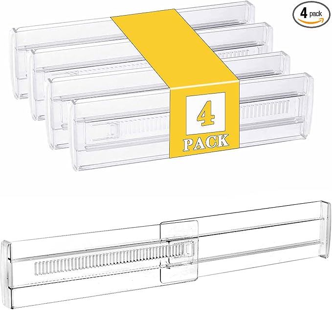 4 Pcs Drawer Dividers for Clothes, 3.15" High 11.34"-19.69" Adjustable Expandable Dresser Drawer Organizer, Clear Plastic Sep