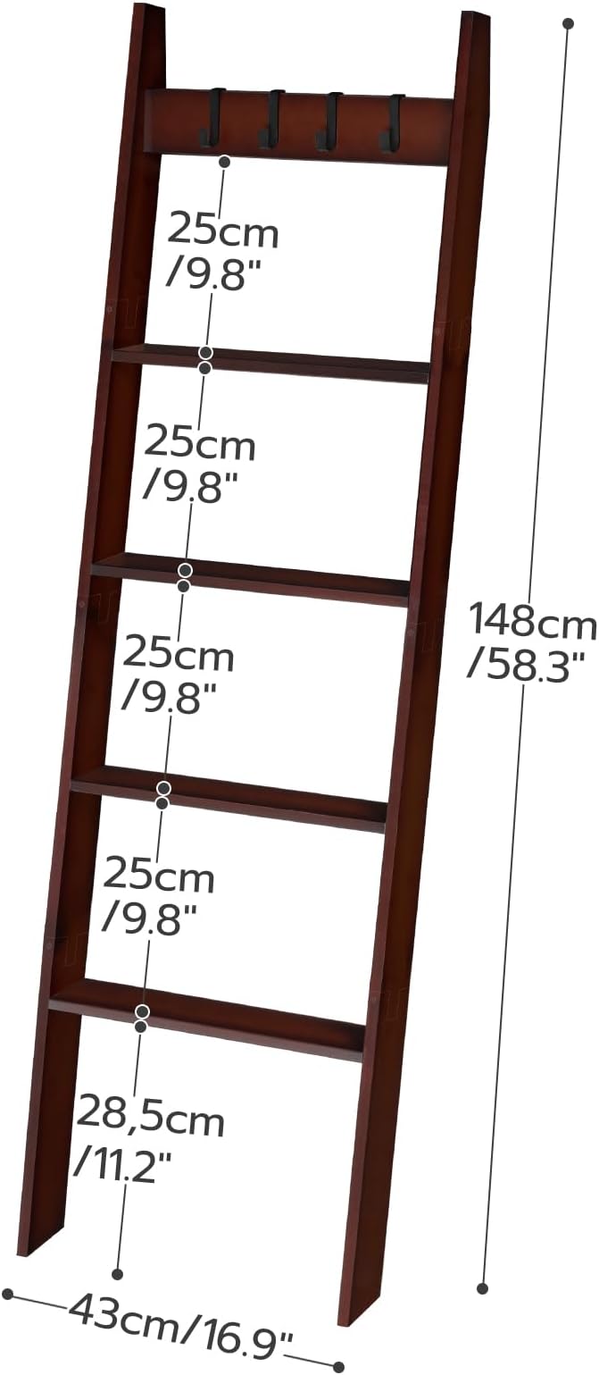 HOOBRO Blanket Ladder for Living Room and Bedroom, 5-Tier Wall Leaning Towel Rack for Bathroom, Decorative Ladder Shelf with 