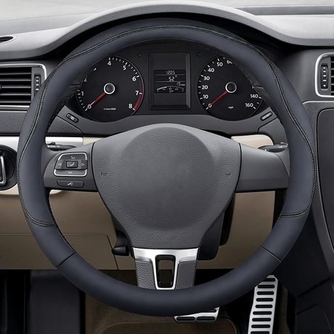Craedli 14.5-15 Inch Leather Car Steering Wheel Cover, Non-Slip Breathable Auto Steering Wheel Protector Cover, Universal Veh