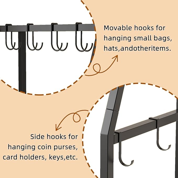 3-Tier Purse Stand Handbag Organizer, Tall Narrow Entryway Closet Bag Organizer, Wood Iron Storage Shelf, 4-in-1, with 8 Remo