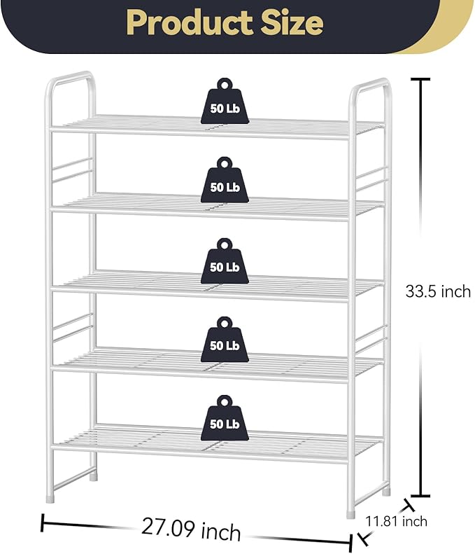 5 Tier Shoe Rack Closet Metal Heavy Duty, Stackable, White
