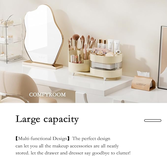 Ivory Rotating Vanity Organizer with Drawer & Brush Holder - 3 Layer Cosmetic Skincare & Perfume Storage - Countertop Makeup 