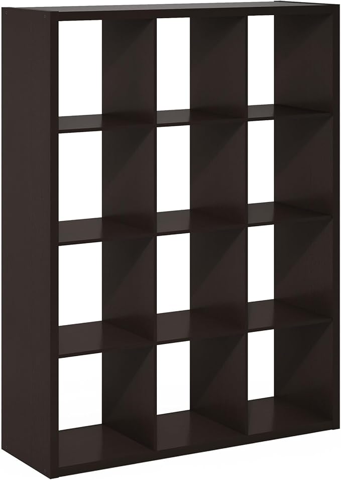 Furinno Cubicle Book Shelf, 12-Cube Bookshelf, Extra Thick Frame Reversible Bookcase with Open Back, 14.6" x 44" x 58", for L