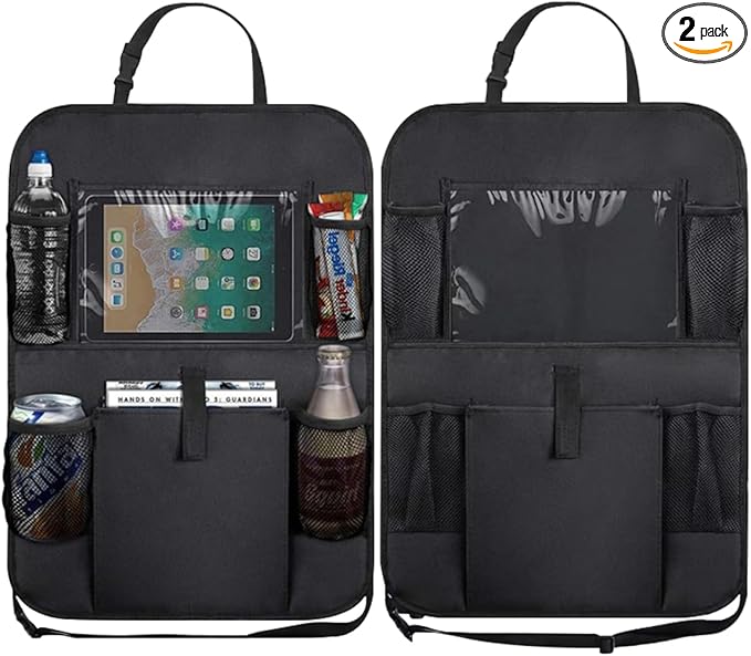 2PCS Car Backseat Organizer, Waterproof Oxford Fabric Auto Back Seat Protector Kick Mats with Clear 10" Tablet Holder & 5 Storage Pockets, Universal Vehicles Travel Accessories