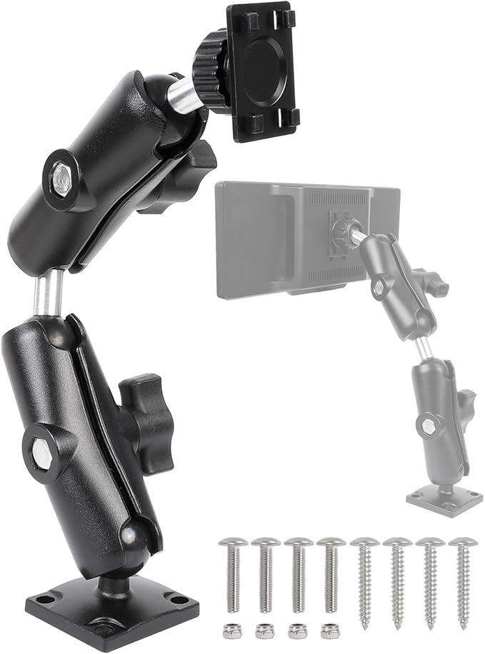 Extended Dual Arm Car Mount for CarPlay Screen - Aluminum Alloy Arm & AMPS Square Plate Base, Drill CarPlay Mount for Truck Vehicle