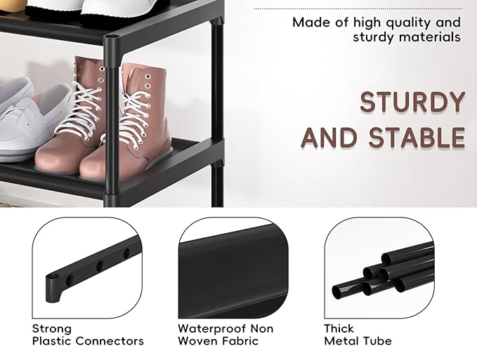 LUKYTOWER Extra Long Shoe Rack 4 Tier Shoe Storage Organizer with 2 Hooks, Wide Stackable Shoe Organizer Racks for Closet Ent