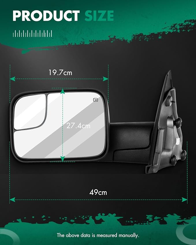 SCITOO Tow Mirror Compatible with for 2002-2008 For Dodge For Ram 1500 2003-2009 For Dodge For Ram 2500/3500 Pickup Truck Power Adjusted Heated No Turn Signal Light Black Towing Mirror LH
