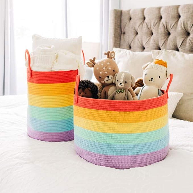 OrganiHaus Large Rainbow Woven Laundry Basket w/Handles 52L, Decorative Toy Storage Bin for Nursery, Colorful Blanket Basket 