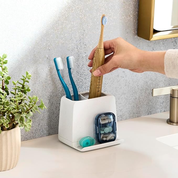 YouCopia The Ledge Toothbrush Holder, 2-Slot, Bathroom Vanity Counter Organizer with Cord Slots, Removable Base and Storage f