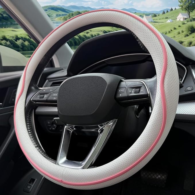 HAOTULE Leather Steering Wheel Cover， with Anti-Slip Stripe Design - Enhanced Grip, Fashion Style, Safe, Non-Slip, Breathable