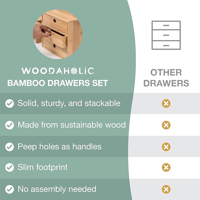 Set of 3 Bamboo Organizer Desktop Drawers - 1, 2, 3 Drawer Storage Organizer Ideal for Desk Accessories, Office Supplies, Mak
