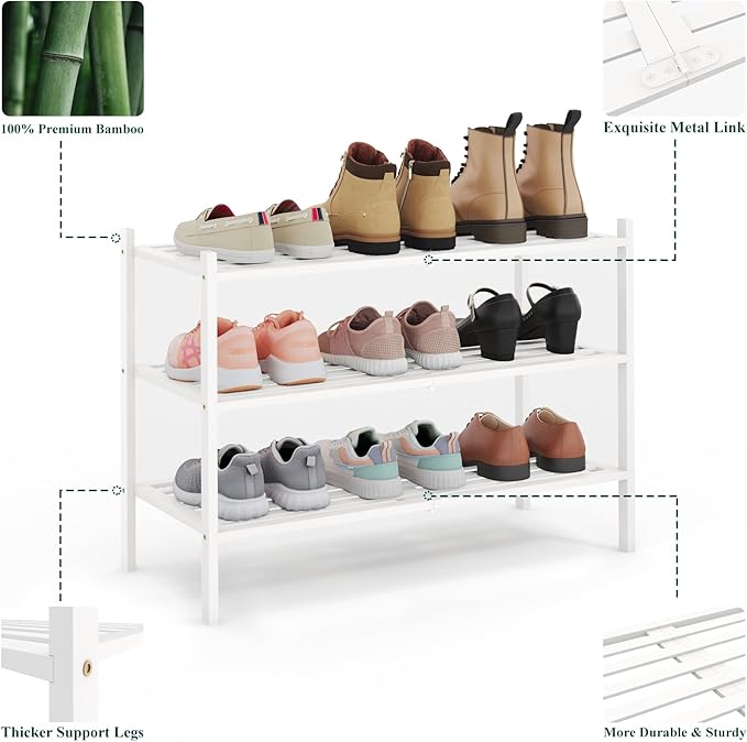 Smiry Bamboo Shoe Rack 3-Tier, Stackable Wooden Shoe Organizer for Entryway & Closet, Free Standing Wood Shoe Storage Shelf f