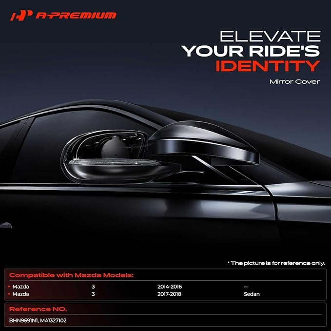A-Premium Passenger Side Rearview Mirror Cover Cap - Compatible with Mazda 3 2014 2015 2016 2017 2018 Sedan - Smooth Black, Built in Japan