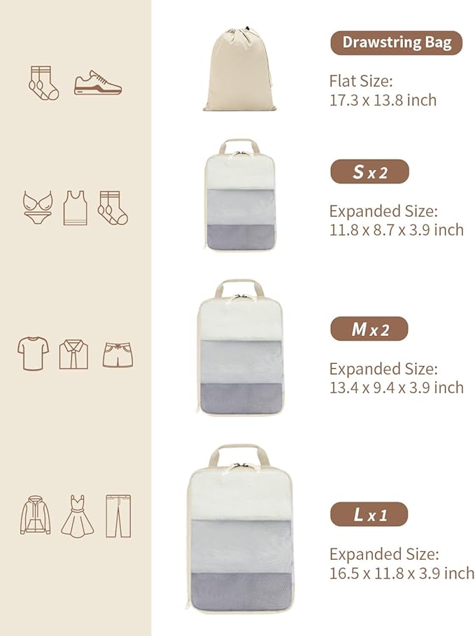 ECOHUB 6 Set Compression Packing Cubes, Lightweight Beach Vacation Travel Essentials Durable Travel Accessories for Suitcase 