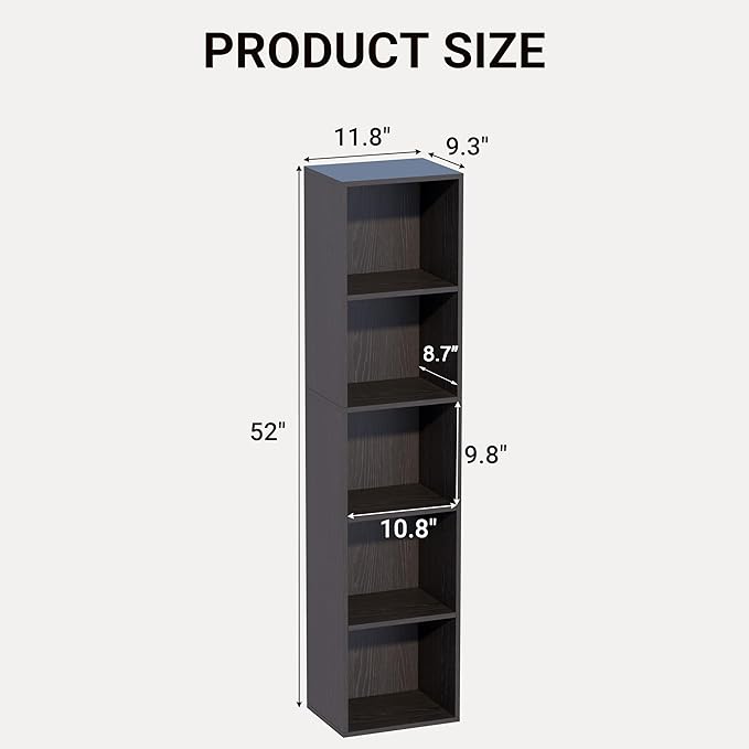 Book Shelf, 5-Tier Bookcase, Wooden Open Cube Storage Organize, 9.3 x 11.8 x 52 inches Bookshelf for Living Room, Bedroom, Ho