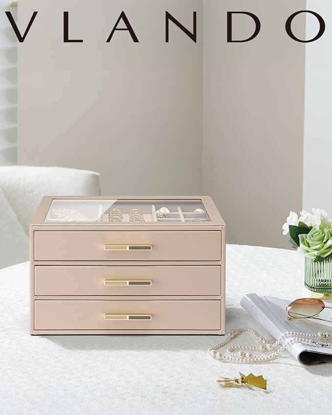 VLANDO 3 Layer Jewelry Box for Women, Mothers Day Gifts for Women, Glass Lid Jewelry Organizer with 3 Drawers for Necklaces R