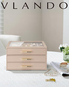 VLANDO 3 Layer Jewelry Box for Women, Mothers Day Gifts for Women, Glass Lid Jewelry Organizer with 3 Drawers for Necklaces R