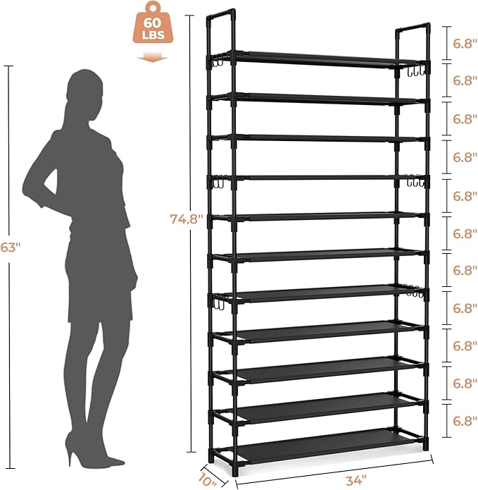 LANTEFUL 11 Tiers Tall Shoe Rack Holds 55 Pairs of Shoes with 18pcs Hooks Sturdy Wide Shoe Organizer Storage Free Standing Me