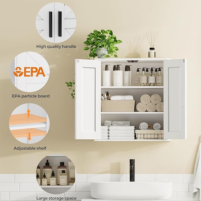 Homleke Bathroom Wall Cabinet, Over Toilet Storage Cabinet with Barn Doors and Adjustable Shelves, 3-Tier Medicine Cabinet Wa