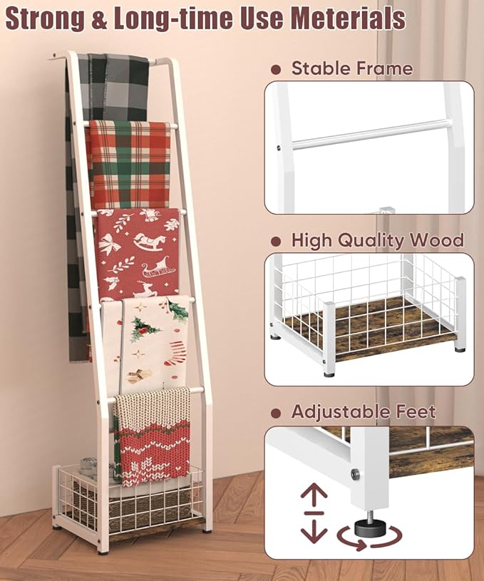 6.3ft Blanket Ladder with Storage Basket, 5 Tier Decorative Ladder Shelf Stand for Living Room & Bedroom, Wall-Leaning Blanke