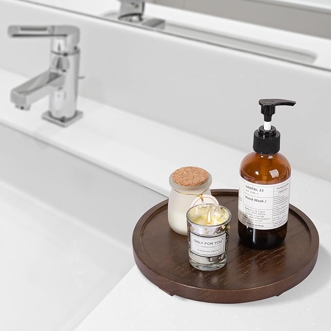 Round Decorative Tray Wood Bathroom Counter Organizer Farmhouse Kitchen Decor Wooden Riser for Soap Dish, Perfume, Candle, Sp