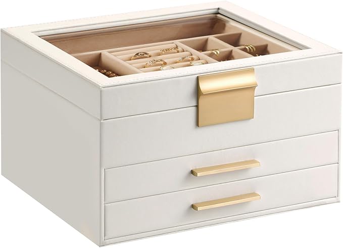 Somduy Jewelry Box Organizer for Women,3 Layers PU Leather Jewelry Storage Display Box with Glass Lid,Gift for people,3 Drawe