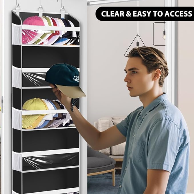 KYEVIS Over the Door Hat Organizer for Baseball Caps, Hold up to 60 Hats Rack Storage for Door/Closet/Wall, Clear Pockets Han