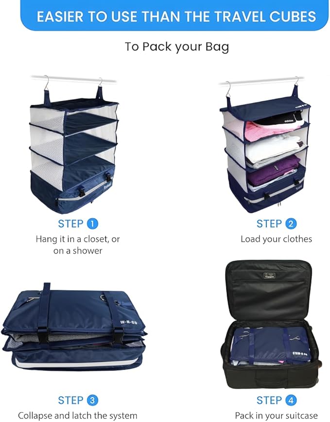 Grand Fusion Stow-N-Go Packing Organizer for Luggage, Portable Hanging Travel Shelves, Carry-On Closet, Hanging Packing Cubes