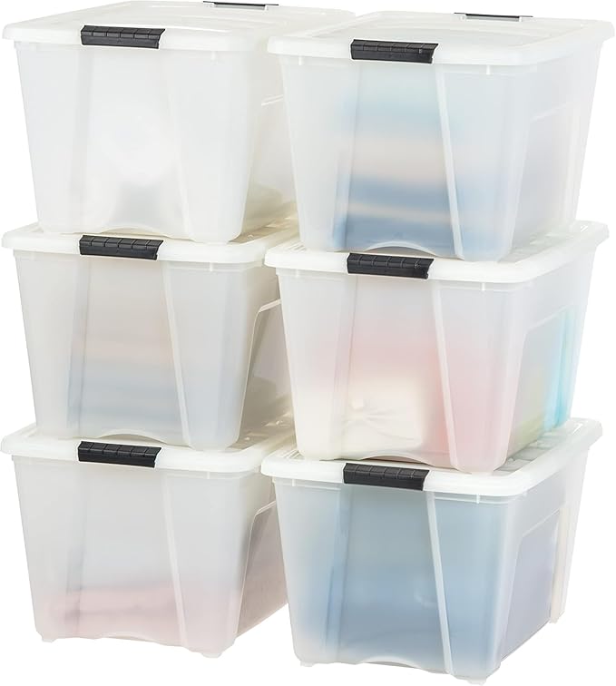 IRIS USA 54 Quart Stackable Plastic Storage Bins with Lids and Latching Buckles, 6 Pack - Pearl, Containers with Lids and Lat