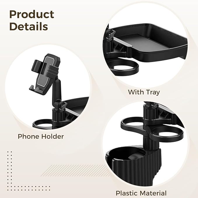 6-in-1 Car Cup Holder Expander with Tray & Phone Mount, Car Food Tray with 360° Rotation Adjustable Base, Car Cup Holder, Ide