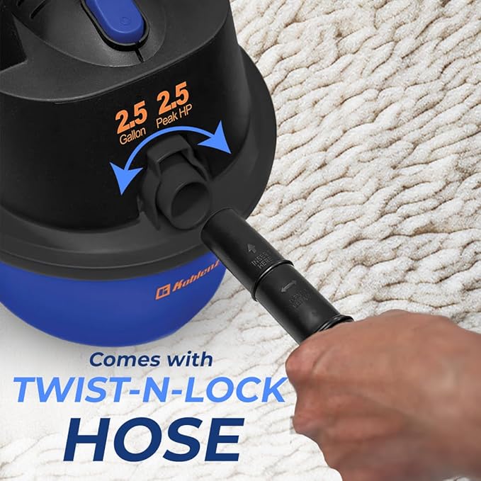 Koblenz WD-2.5L Portable Wet Dry Vacuum, 2.5-Gallon 2.5 PHP Suction Plus Blower Vacuum Cleaner for Liquids, Dust, Pet Hairs, 