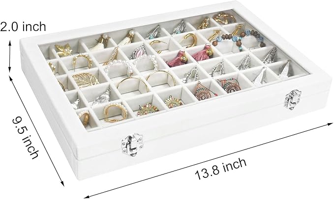 Siveit Velvet Jewelry Tray 48 Grid Jewelry Display Tray Organizer Box with Transparent Lid Rings Earrings Necklaces Pendants 