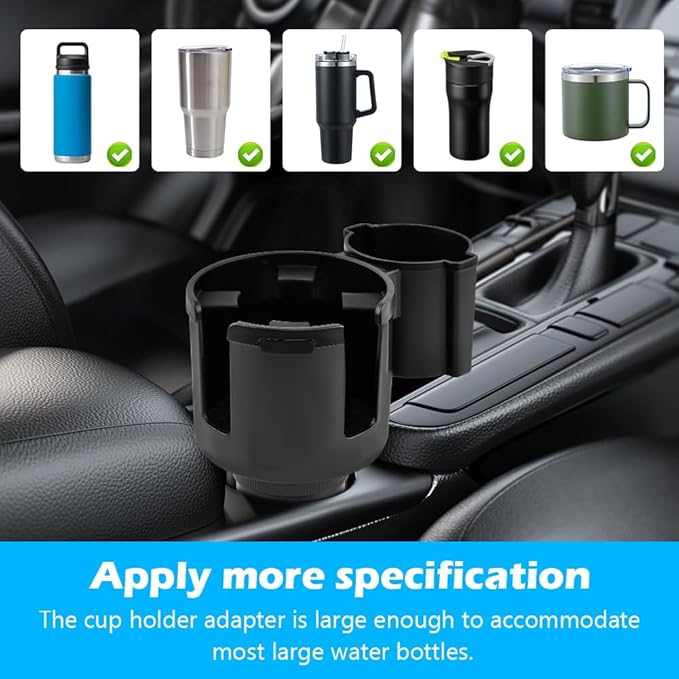 2-in-1 Car Cup Holder Expander, Adjustable Car Extender Adapter with Non-Slip Base - No Spill Cup Holder Extender with 4 Hook