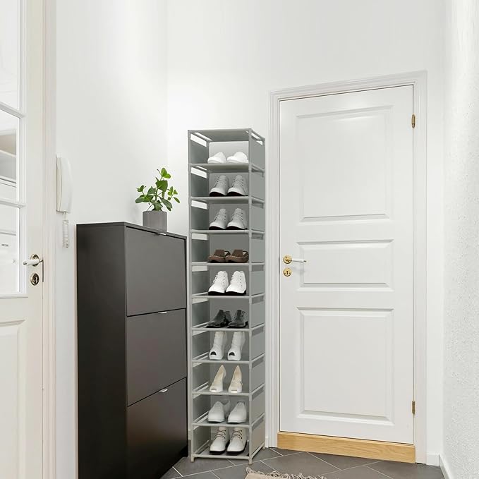 10 Tier Vertical Shoe Rack - Grey Narrow Shoe Rack for Closet & Entryway, Space Saving Tall Shoe Organizer for Small Spaces, 