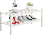 2 Tier Bamboo Shoe Rack Storage Organizer for Closet, Multifunctional Stackable Free Standing Shoe Shelf Organizer for Small 