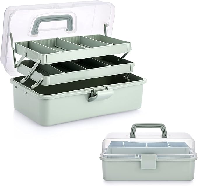 BTSKY 3-Layer Plastic Dividing Storage Box Craft Organizer and Storage with Adjustable Spacers Portable Handled Art Supply Or