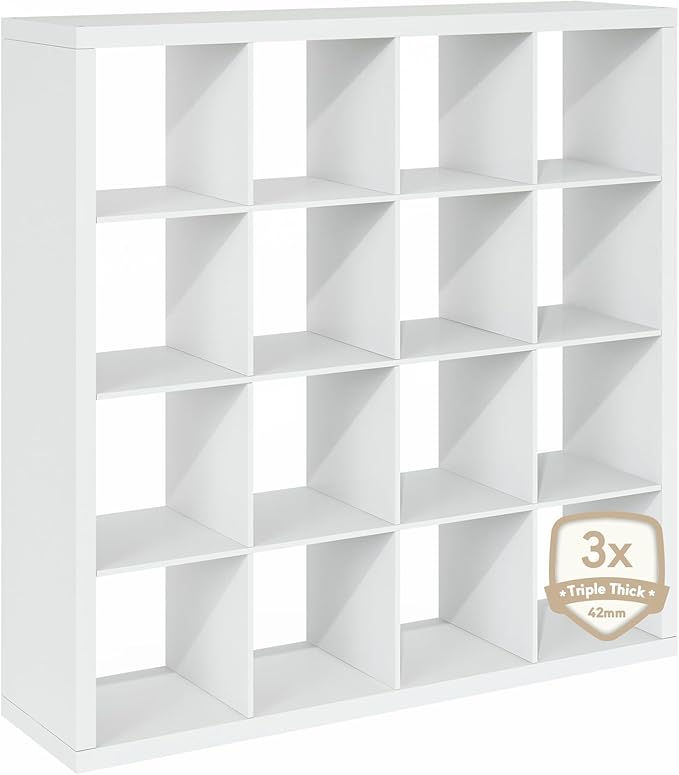 Furinno Cubicle Book Shelf, 16-Cube Bookshelf, Triple Thick Frame Cube Storage Organizer, 1.65" Bookcase, 15.4 x 57.4 x 56.9,